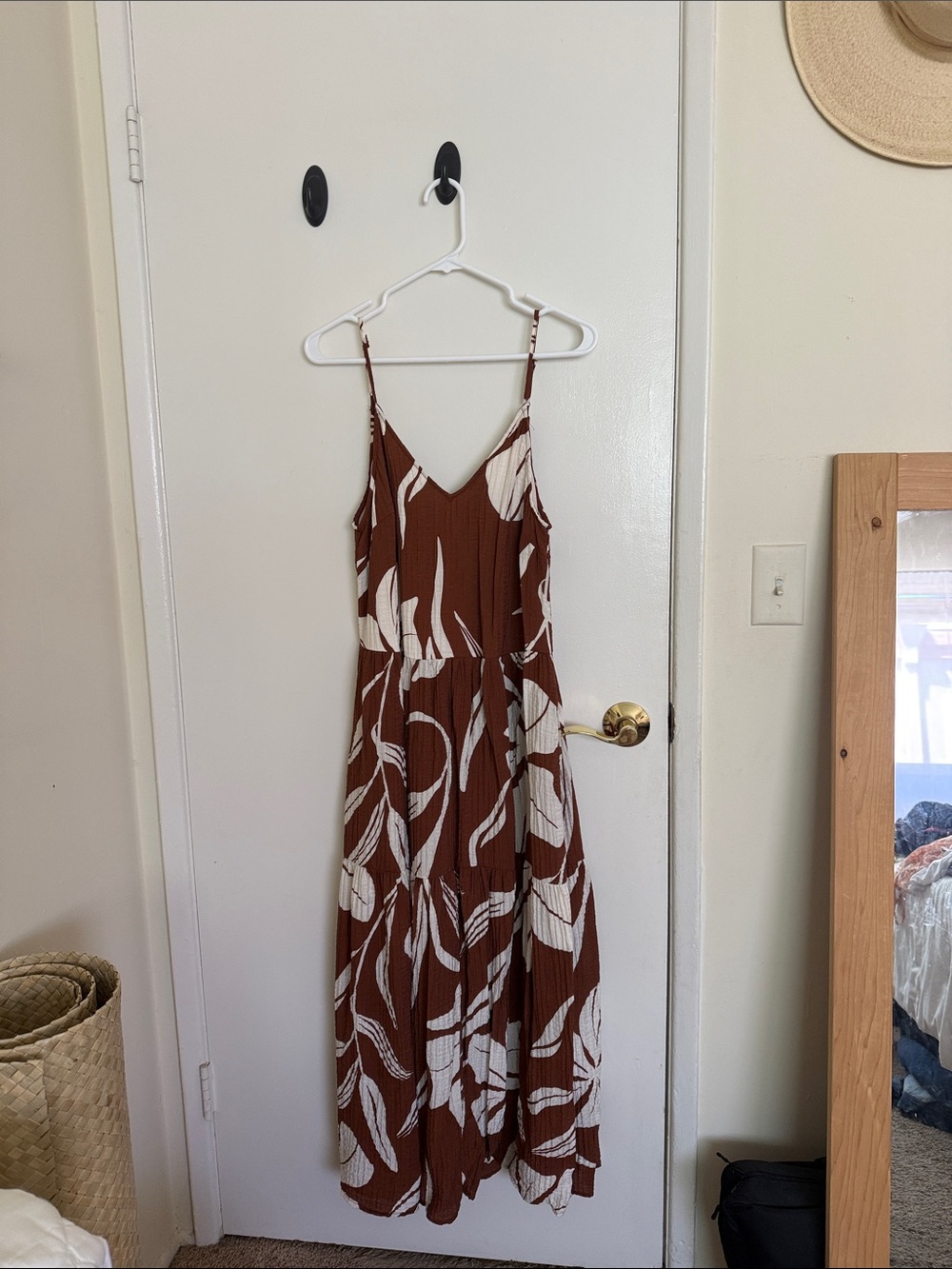 Brown and White Printed Spaghetti Strap Maxi Dress